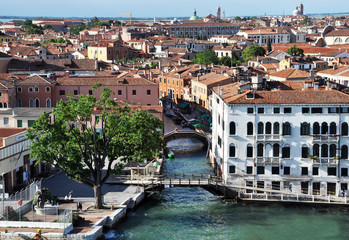 Obraz premium panoramic view of Venice from the height of the cruise ship to Piazza San Marco and the Ducale, or Doge's Palace. on the Grand canal many boats, river transport, in the background of ancient architect