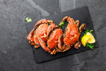 Cooked whole crabs on black plate served with white wine, black slate background, top view © lblinova