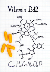 Chemical formula of Vitamin B12 and yellow pills.