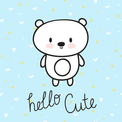 Cute hand drawn postcard with funny little bear. Card for little girl or boy. Template for your design. Doodle style. Sketchy character