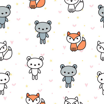 Cute seamless pattern with bears and foxes for kids. Hand drawn animals