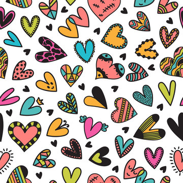 Cute seamless pattern with hand drawn hearts. Cute doodle elements. Background for wedding or Valentine's Day design