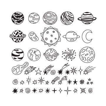 Hand drawn planets, stars, asteroids and other space objects. Cute doodle style. Sketch set of space elements and symbols. Universe, galaxy