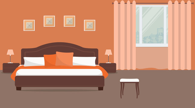 Bedroom in orange color. There is a bed with pillows, bedside tables, lamps on a window background in the image. There are also pictures on the wall. Vector flat illustration.