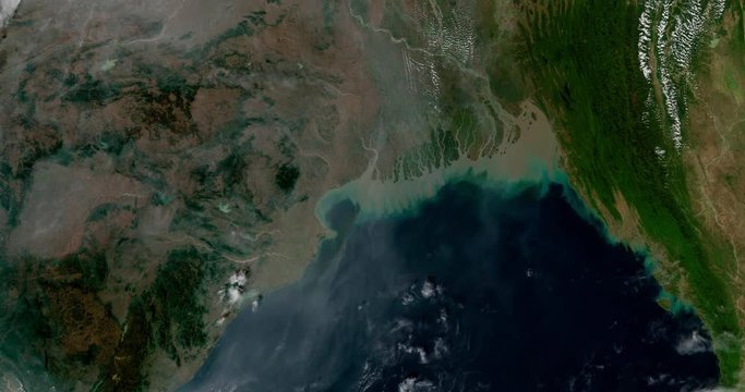 Very high-altitude overflight aerial of Bay of Bengal and East Central Eurasia. Clip loops and is reversible. Elements of this image furnished by USGS/NASA Landsat