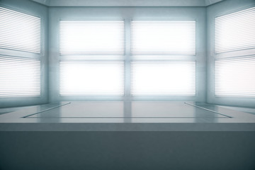 White podium. Pedestal. Platform. Empty room with window light. Future modern presentation concept. 3D Rendering