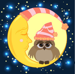 Fototapeta premium A sweet cartoon owl with sad eyes on a sleeping cap sits on a drowsy crescent moon against the background of a night sky with stars