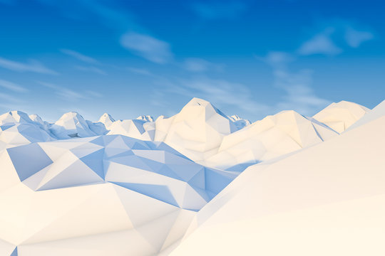 Abstract Low Polygon Landscape With Sky. Polygonal Background Concept. 3D Rendering.