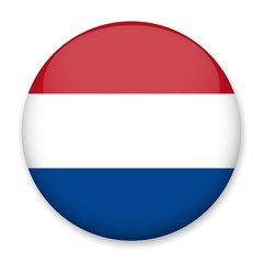 Flag of Netherlands in the form of a round button with a light glare and a shadow. The symbol of Independence Day, a souvenir, a button for switching the language on the site, an icon.