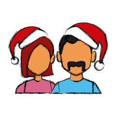 Beautiful couple with christmas hats icon vector illustration graphic design