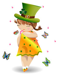 Red-haired girl in St. Patrick's green hat, yellow dress adorned with clover leaves surrounded by butterflies