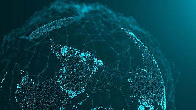 Abstract background with world map particles. 3d rendering