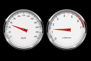 Speedometer and tachometer. Round gage with metal frame on black background