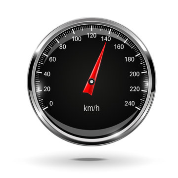 Speedometer. Round black gage with metal frame