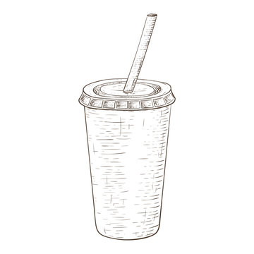 Disposable cup with drinking straw. Hand drawn sketch isolated on white background