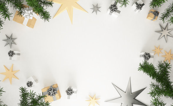 3D rendering of christmas composition: silver and golden christmas gifts,  pine leaves and stars on wooden white background. Flat lay, top view