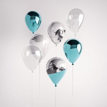 Set of glossy blue, marble, transparent and white marble 3D realistic balloons on the stick for party, events, presentation or other promotion banner, posters.