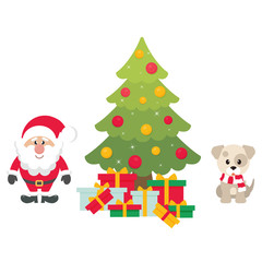 cartoon cute santa claus with christmas fir tree and gifts and winter dog