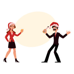 Man and woman in Santa hats having fun, drinking at corporate Christmas party, cartoon vector illustration with space for text. Man and woman celebrating Christmas, wearing Santa hats