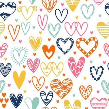 Hand drawn seamless pattern with hearts. Doodle design elements. Wedding background