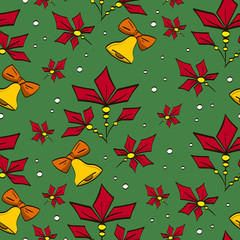Vector christmas pattern with bells and poinsettias. Used for greeting cards, paper, wallpaper