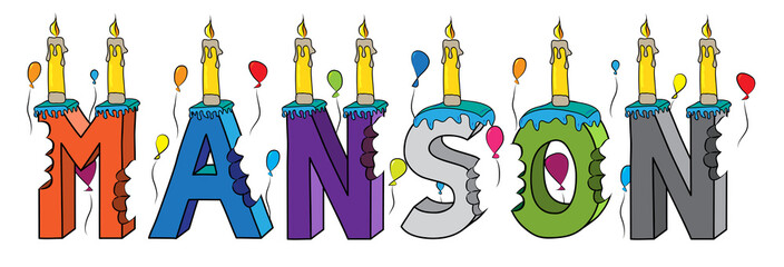 Manson first name bitten colorful 3d lettering birthday cake with candles and balloons