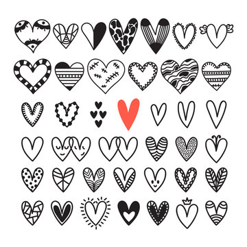 Hand drawn set of hearts. Sketch collection for wedding or Valentine's Day design. Cute doodle elements