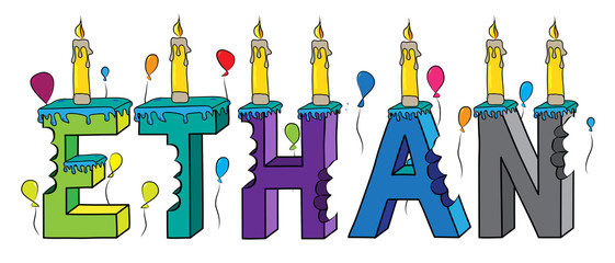 Ethan first name bitten colorful 3d lettering birthday cake with candles and balloons