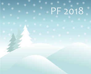 christmas winter landscape -  hills covered with snow and spruce tree, falling snow balls and text sign PF 2018 new year vector greeting card