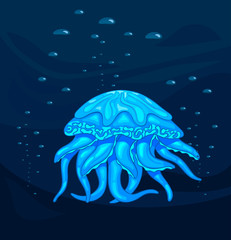 medusa, blue jellyfish in the deep, stock vector