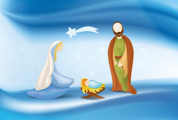 Vector christian nativity scene on elegant blue background