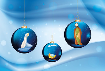 Vector christian nativity scene with Mary , Joseph , Jesus in christmas balls on elegant blue background