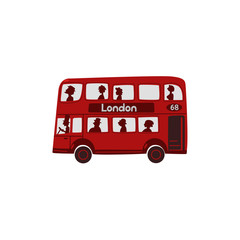 Red double-decker bus with passengers, London, England symbol, tourist attraction and public transport, cartoon vector illustration isolated on white background. Red London, English double-decker bus