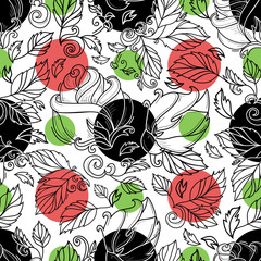 vector hand drawn sketch elegant vintage rose flower with stem, leaves and blooming blossom black and white seamless pattern with black, green red circles. Isolated illustration on white background.