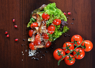 Gourmet Restaurant Food - Delicious Smoked meat, fish and Vegetable Salads. Luxury Appetizer Restaurant Food