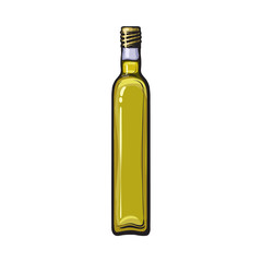 Unlabelled closed bottle of olive oil, sketch style vector illustration on white background. Realistic hand drawing of olive oil in unlabelled, blank glass bottle