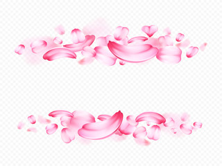 Pink petals of sakura or rose isolated on transparent background. Froral realistic detailed composition in the form of frame. Romantic vector 3d illustration. Decoration for Valentine s Day , March 8.