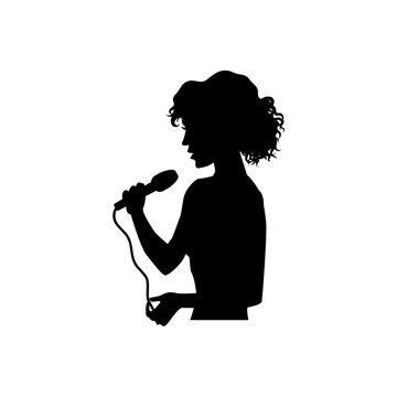 Half length portrait, figure of beautiful woman singing with microphone, black vector silhouette isolated on white background. Black silhouette of beautiful singing woman, girl, half length portrait