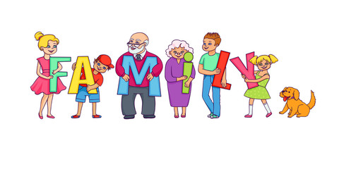 Happy parents, grandparents, kids and dog holding letters of FAMILY word, cartoon vector illustration isolated on white background. Happy parents, grandparents and grandchildren, Family concept
