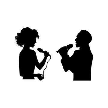 Half length portrait, figures of man and woman singing with microphones, black vector silhouette isolated on white background. Black silhouettes of man and woman singing together