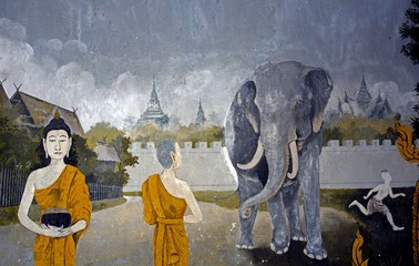 The Buddha, monk and elephant at Wat Phra That, Doi Suthep, Thai