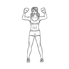 vector cartoon muscular strong cute beautiful woman, girl in boxing stand with box gloves smiling raising hands up. Isolated illustration on a white background.