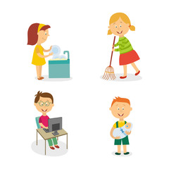 Fototapeta na wymiar vecotr flat kids doing household chores set. Girl washing dishes , another girl sweeping the floor by broom, boy working at desktop computer, another one holding newborn baby. Isolated illustration.