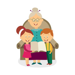 vector flat cartoon grandfather with girl and boy kids sitting at his knees reading book together at armchair. Isolated illustration on a white background.