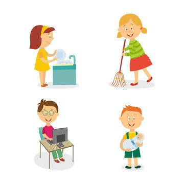 vecotr flat kids doing household chores set. Girl washing dishes , another girl sweeping the floor by broom, boy working at desktop computer, another one holding newborn baby. Isolated illustration.