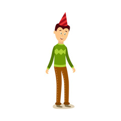 vector flat funny young caucasian man in party hat, casual clothing green pullover standing alone smiling. Isolated illustration on a white background.