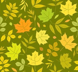 Fototapeta na wymiar Autumn leaves seamless background, green, vector. Yellow, green and orange leaves of the trees on the green field. Vector color pattern. Nature, autumn. 