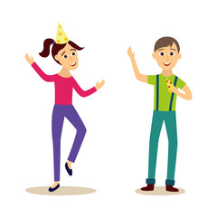 Boy and girl, man and woman, having fun at birthday party, dancing and eating pizza, cartoon vector illustration isolated on white background. Two happy young people dancing and eating at party