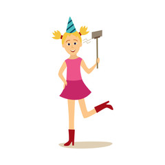 Funny young woman, girl making selfie, self-portrait with her phone while dancing at birthday party, cartoon vector illustration isolated on white background. Girl, woman in party hat making selfie