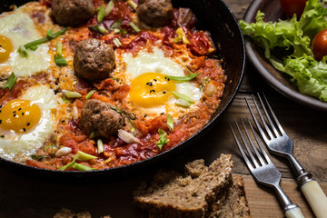 shakshuka, the Israeli dish of eggs, tomatoes and meatballs with greens on wooden background